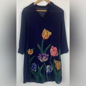 Anthropologie Pankaj & Nidhi Navy Floral Motif Blu Shift Dress Sheer Mini Sz M